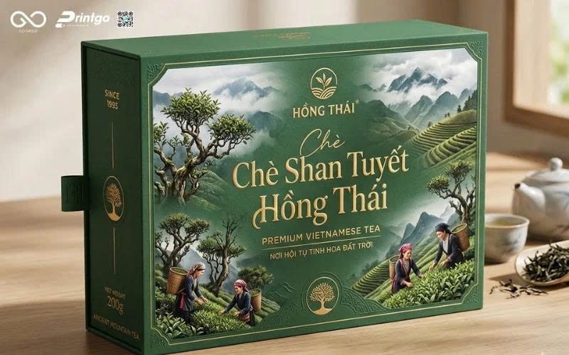 Minh họa nghệ thuật kể chuyện thương hiệu trên bao bì chè Shan Tuyết